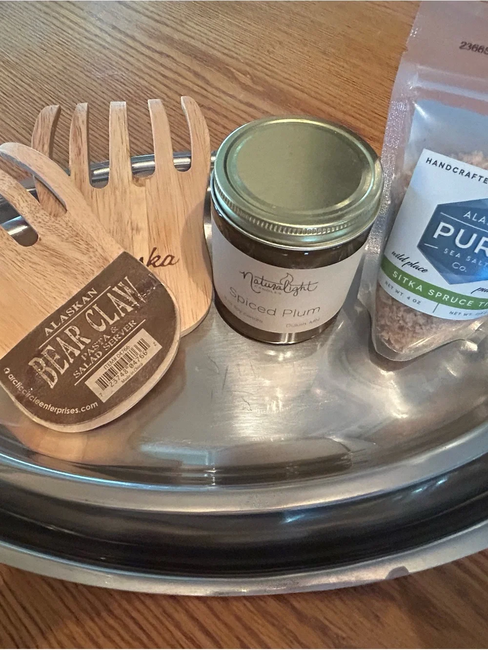 Two Silver trays, salad tongs, sea salt & candle